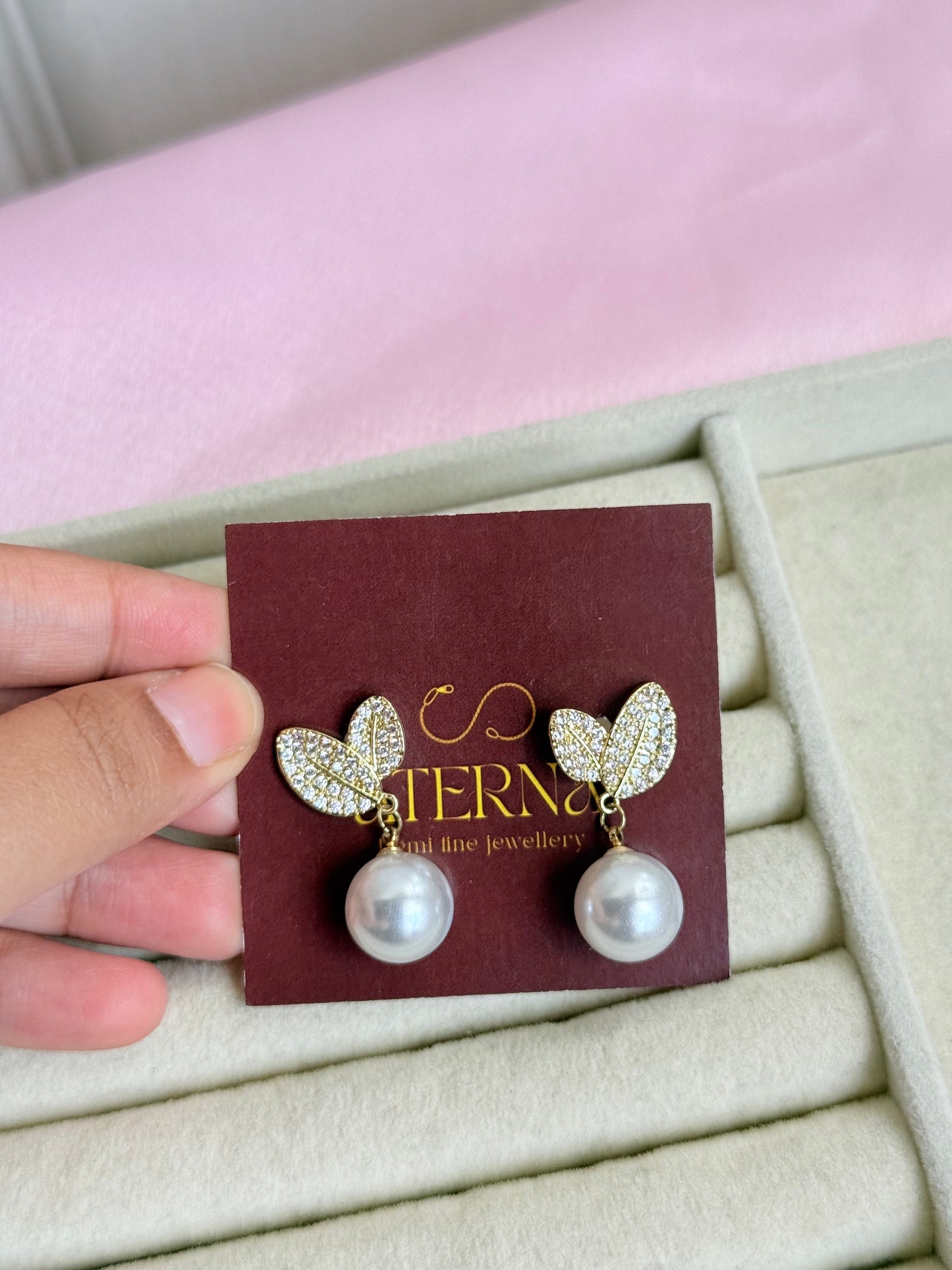 Leaf pearl drop earrings