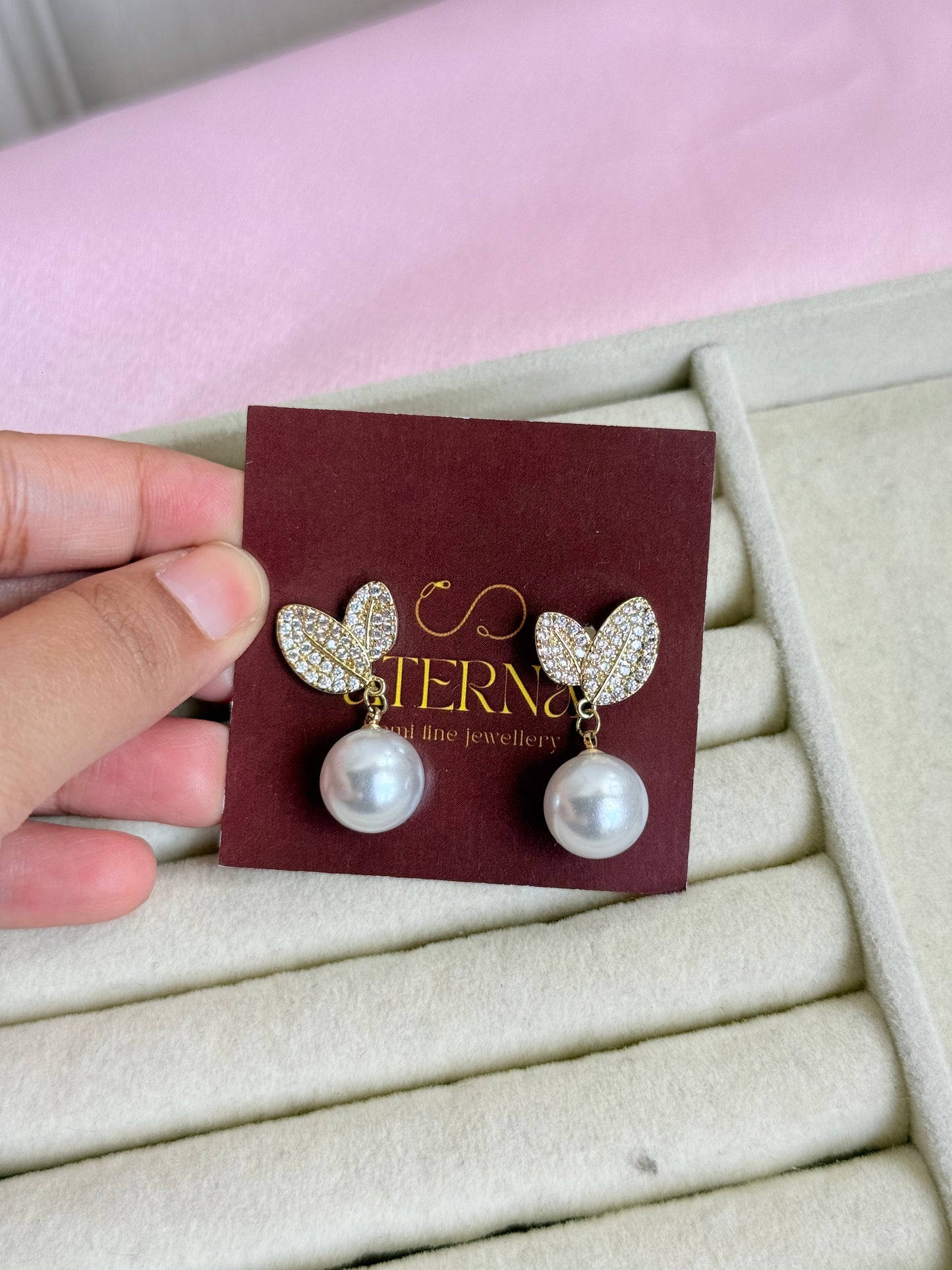 Leaf pearl drop earrings