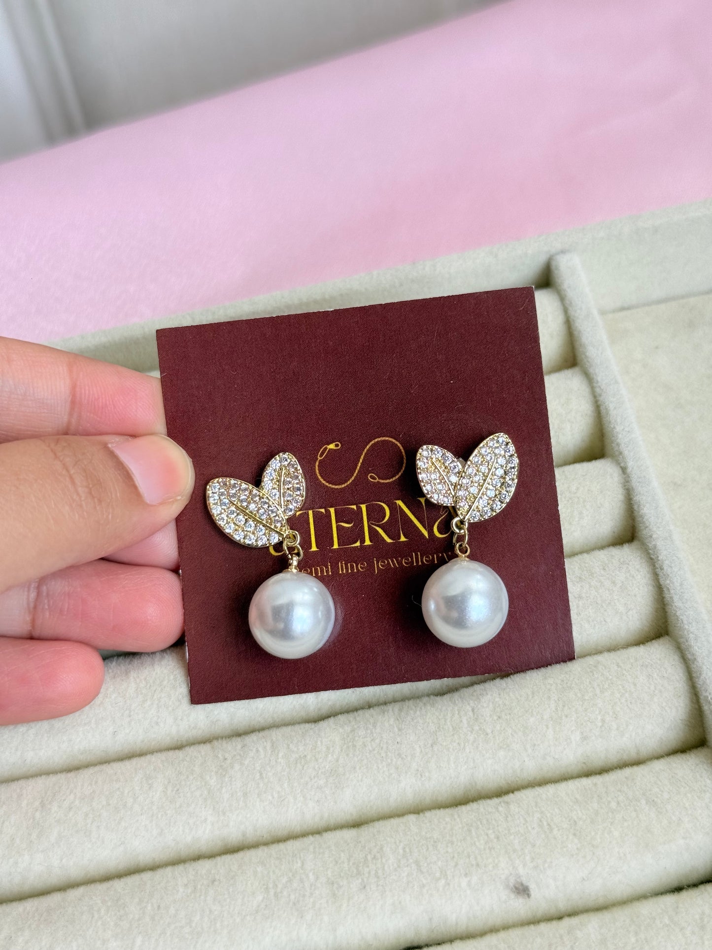 Leaf pearl drop earrings