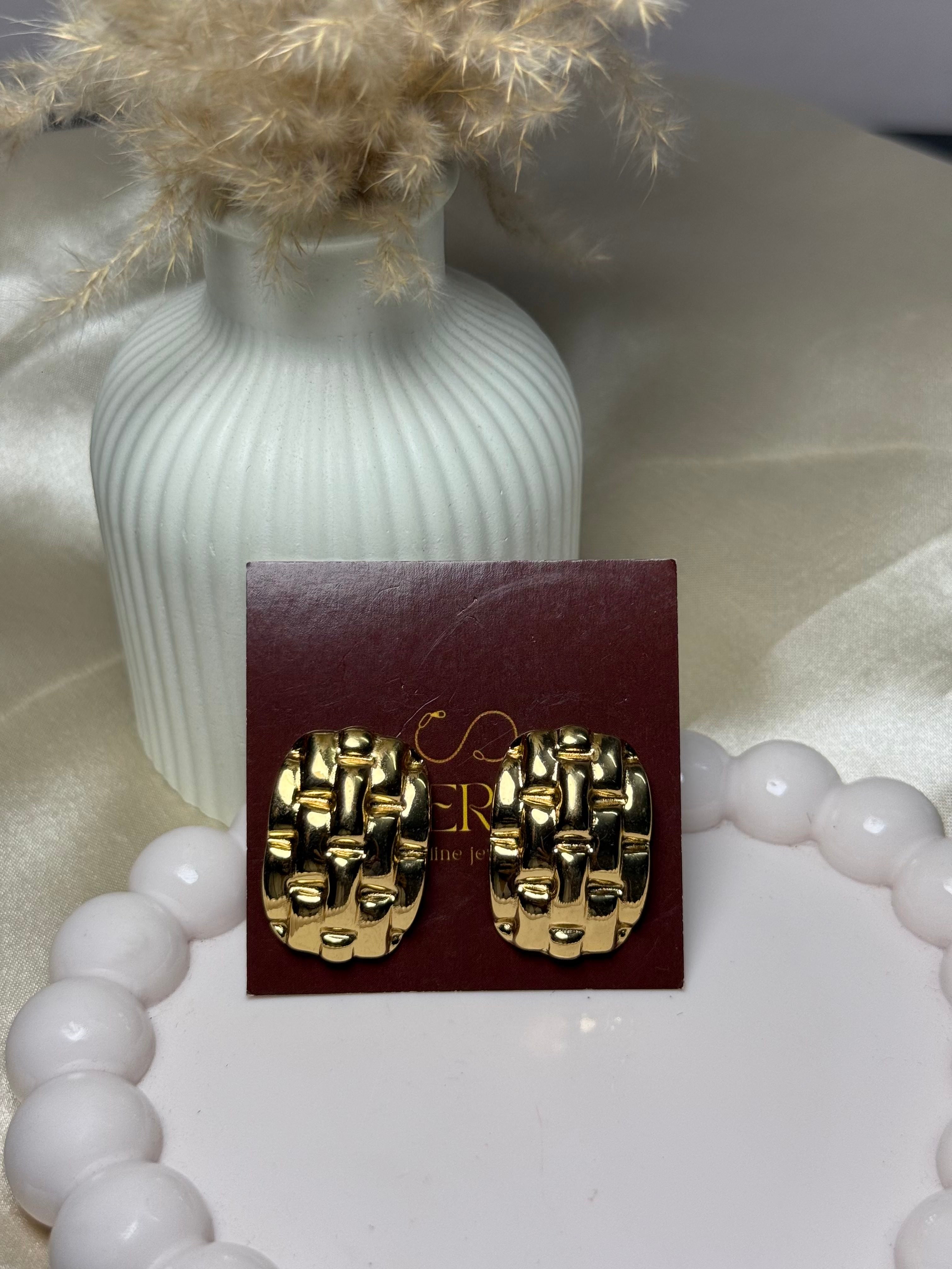 Gold checkered anti tarnish stud earrings bold styling