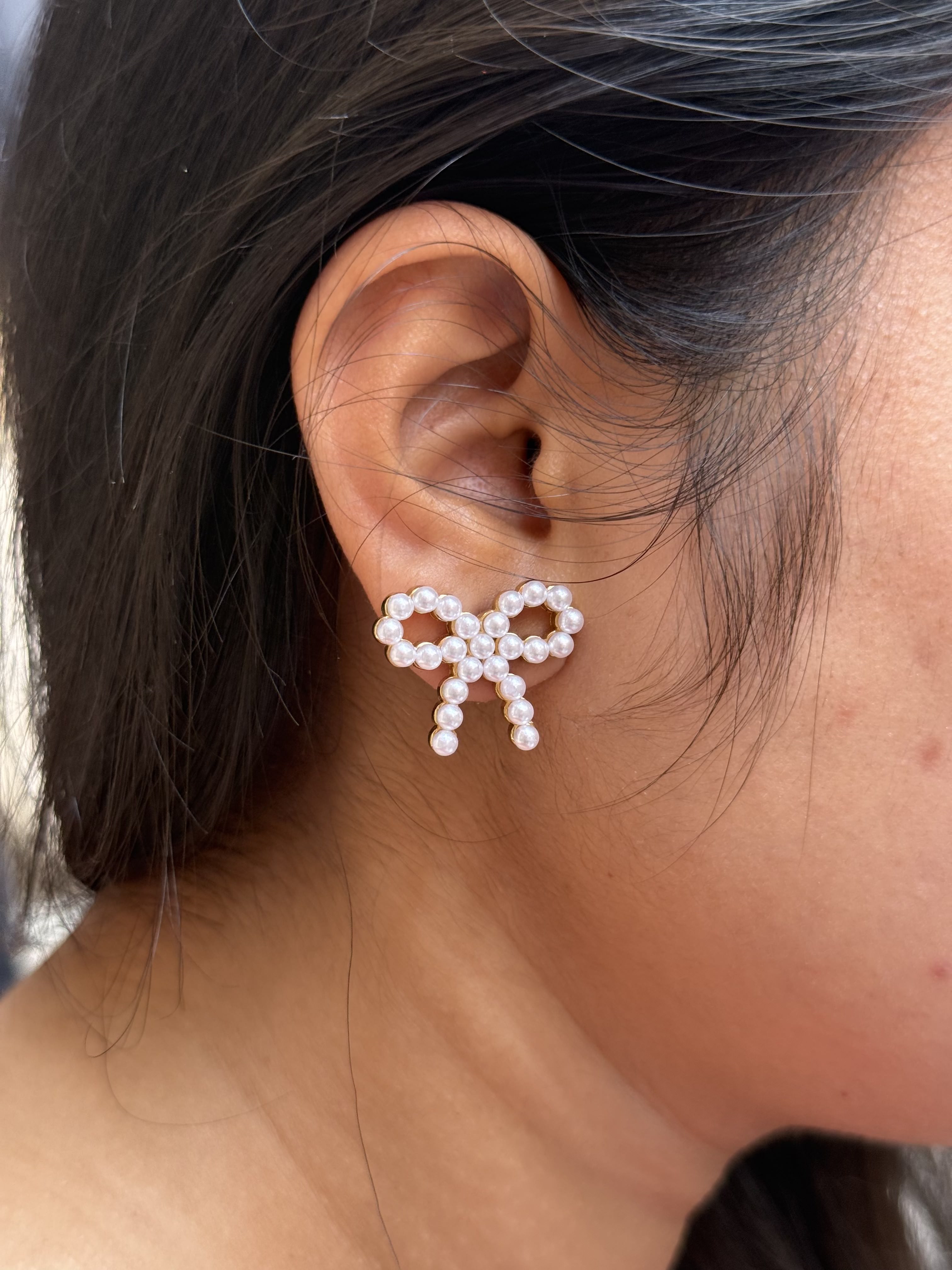 Pearl bow anti tarnish earrings feminine styling