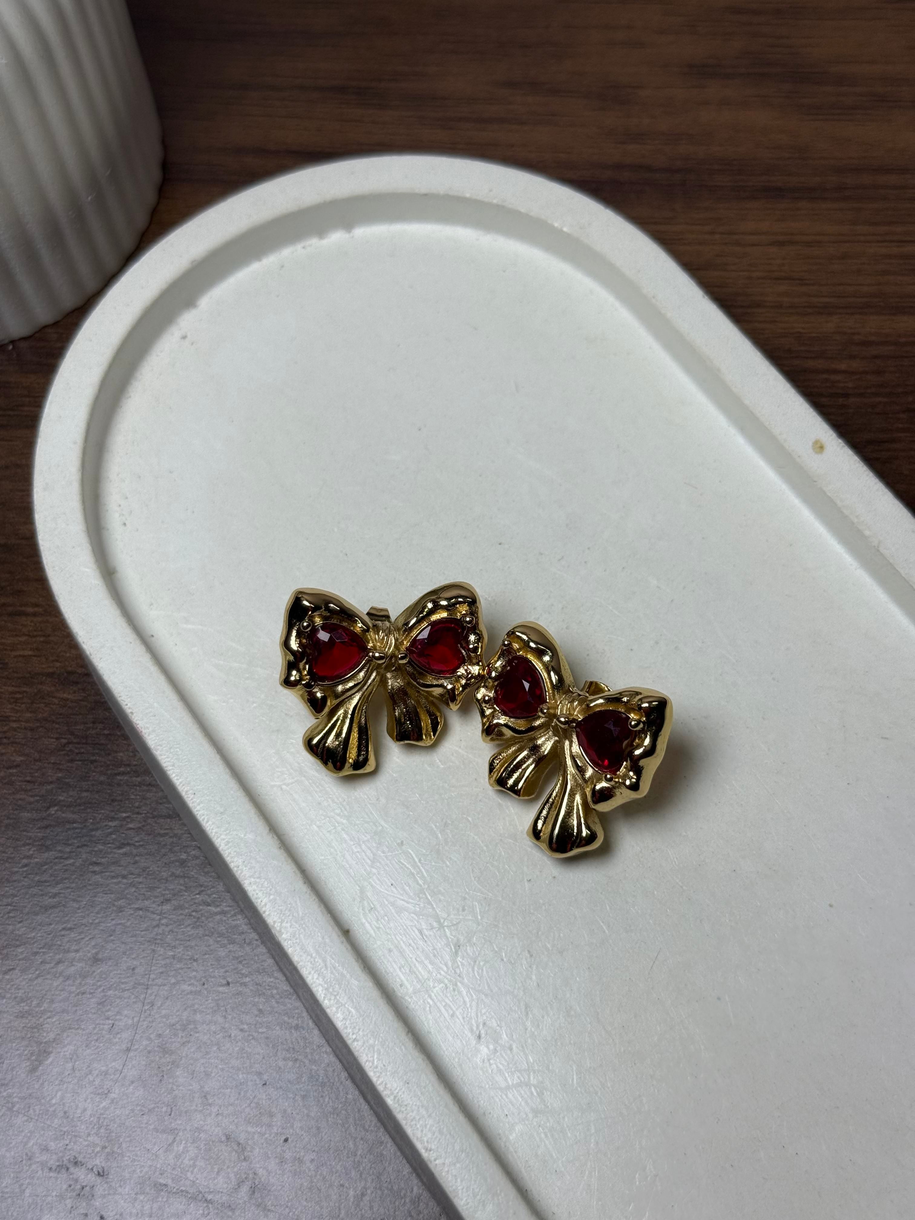Red ribbon bow anti tarnish earrings feminine style